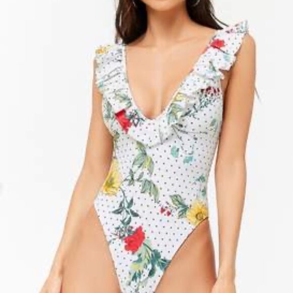Forever 21 Sz S Vintage Y2K Deep-V Floral Ruffle One Piece Bathing Suit - Picture 3 of 9